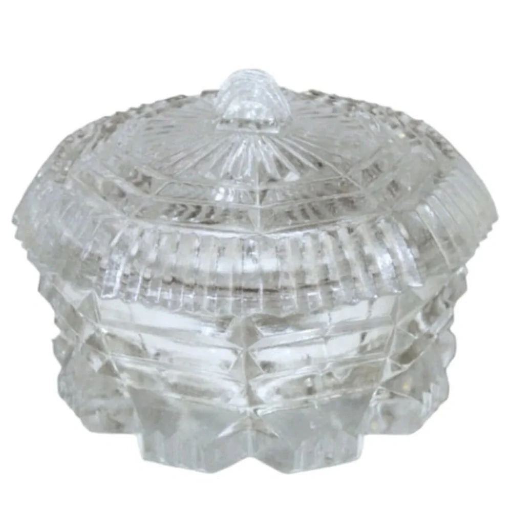 Trinket Powder Dish Vintage Art Deco, Heavy Cut Glass, Powder Box with Lid